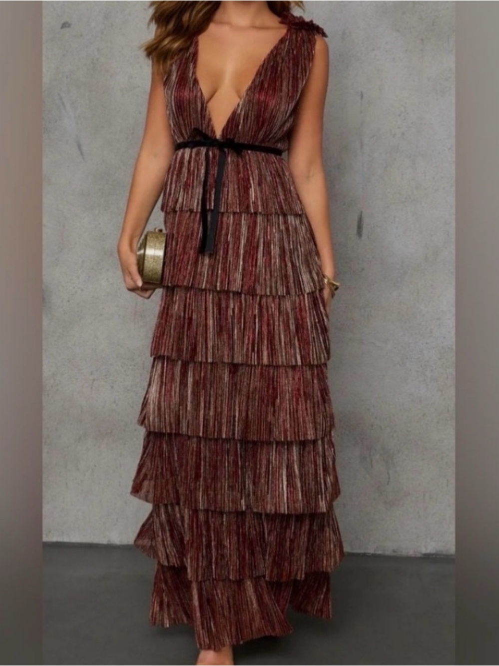 Vici Metallic Tiered Plunge Maxi Dress in Burgundy and Black